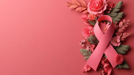 Breast cancer awareness banner, pink ribbon with floral accents, 3D illustration
