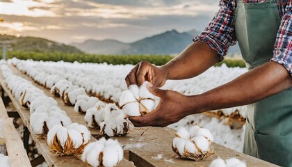  Closeup male hands working with freshly harvested cotton wool