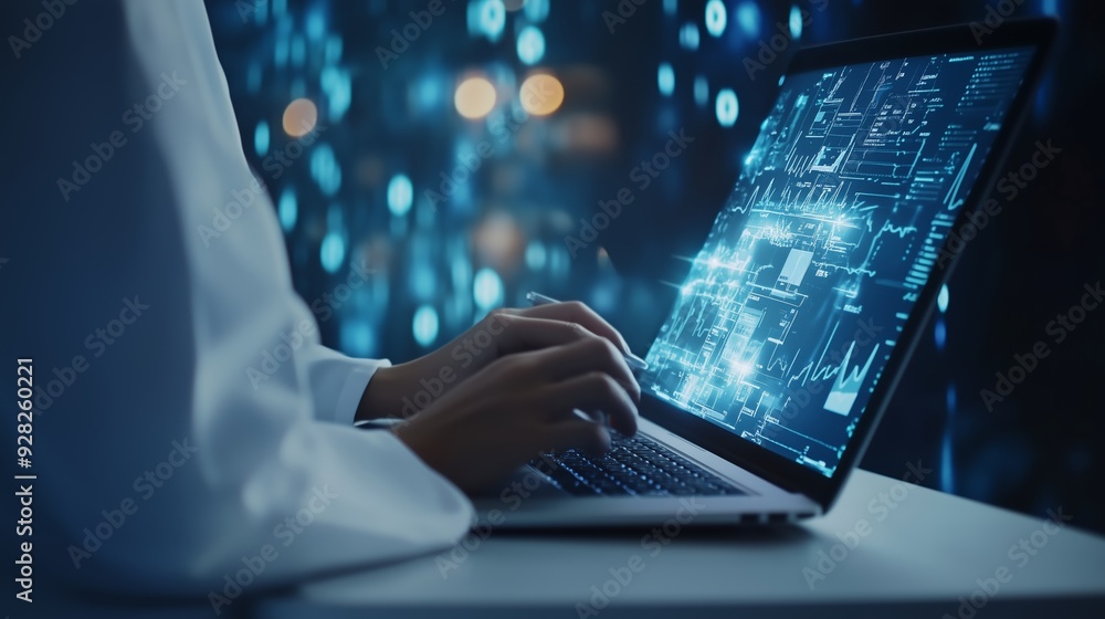Poster a person working on a laptop displaying digital data in a dark environment at night