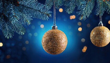 Christmas Tree In Ball Hanging Fir Branch With Golden Glittering On Blue Abstract Night