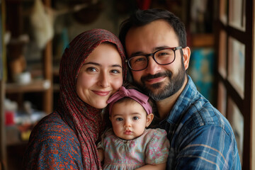 Portraif Of Happy Arabic Parents Posing With Their Little Daughter At Home