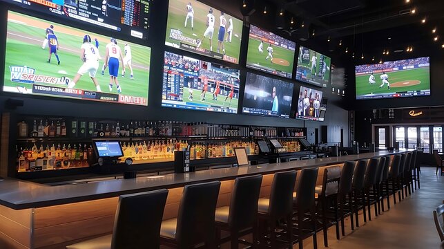 Modern sports bar with multiple large screens showcasing a variety of sporting events. The bar is full of patrons enjoying the game and the atmosphere.