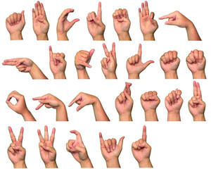 hand showing sign,  American Sign Language of alphabet of A until Z, ABCDEFGHIJKLMNOPQRSTUVWXYZ on...