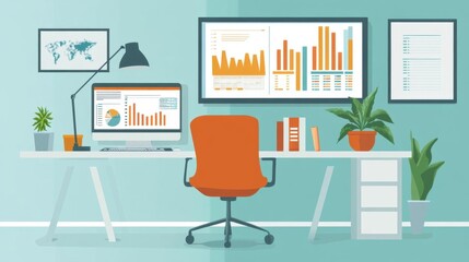 Fototapeta premium Office scene with financial charts, customer satisfaction, investment planning, flat design illustration