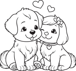 A dog couple line art coloring book illustration for kids