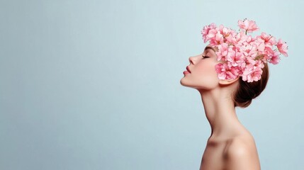 Silhouette of a woman s profile filled with pink flowers, watercolor, symbolizing Breast Cancer Awareness and inner beauty