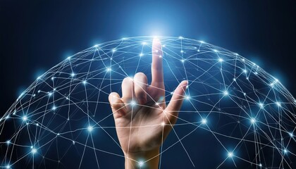 human finger touching a network of glowing digital connections on a dark background