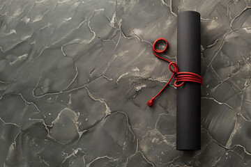 Rolled yoga mat with mala beads, advertising style, minimalist 