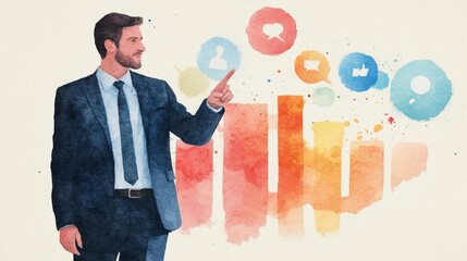 Watercolor image of a financial advisor pointing to growing investments, customer satisfaction symbols in background