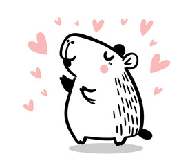 Cute cartoon capybara surrounded by pink hearts on white background, vector coloring page