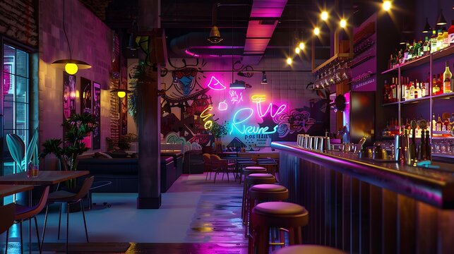 Modern bar interior with neon lights and long wooden counter for featuring bar stools with graffiti art wall and vibrant nightlife atmosphere concept.