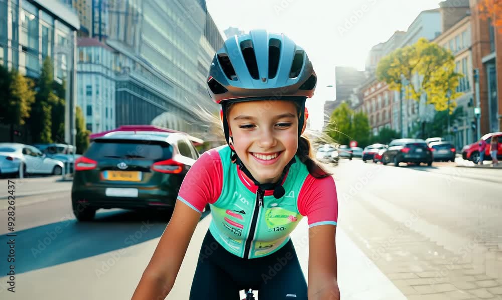 Canvas Prints Portrait of a happy smiling girl in a helmet riding a bicycle in the city