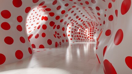 3D render of a minimalist white room with vibrant red dots on walls, floor, and ceiling, highlighting modern design elements and abstract patterns for contemporary decor