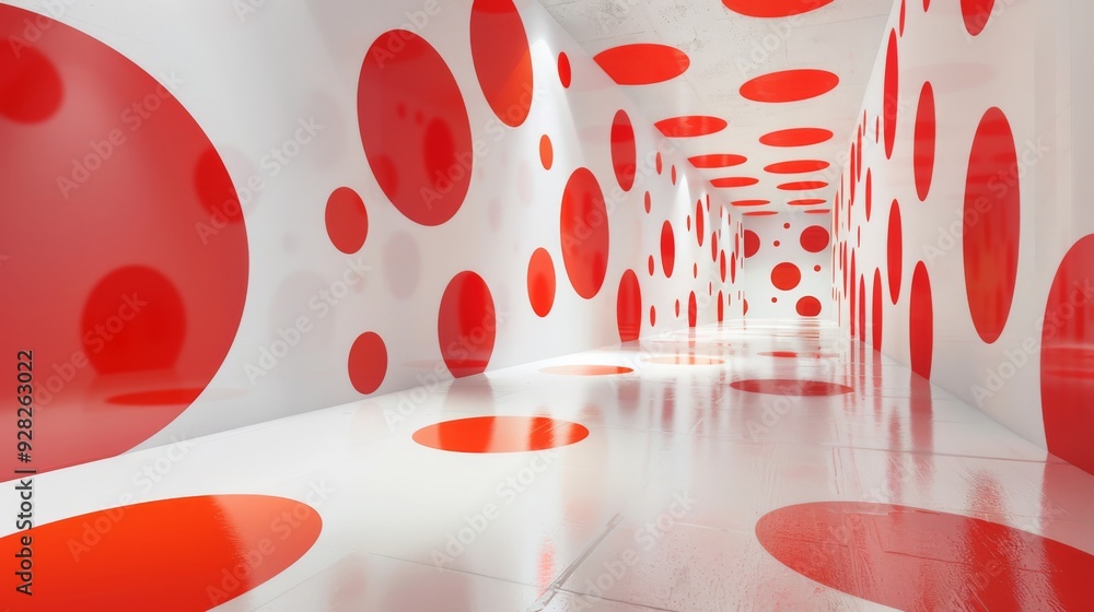 Wall mural minimalist long white room with red dots on all surfaces, filled with light and shadows, creating a 