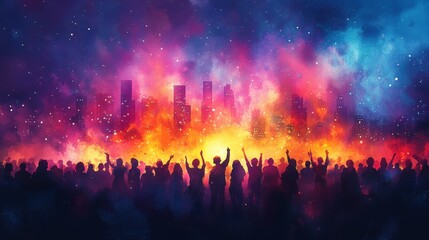 A vibrant crowd celebrating at night, illuminated by colorful lights against a dramatic city skyline.