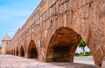 Morelia, Mexico. August 9, 2024: 16th-century aqueduct stands tall, a colonial legacy and iconic symbol of the city's rich history, engineering marvel and cultural treasure