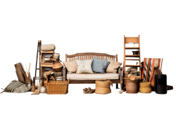 A Rustic Gathering of Vintage Treasures on a Sunny Afternoon on a White or Clear Surface PNG Transparent Background.