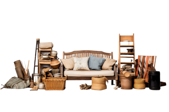 A Rustic Gathering of Vintage Treasures on a Sunny Afternoon on a White or Clear Surface PNG Transparent Background.