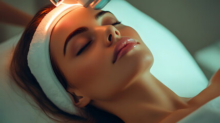 A woman relaxes while undergoing a facial laser aesthetics treatment at a contemporary spa, enjoying the soothing ambiance and advanced technology