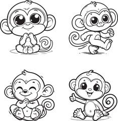 A monkey line art coloring book illustration set for kids
