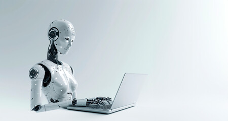 An advanced humanoid robot interacts with a laptop in a modern, clean setting, symbolizing the intersection of robotics and daily human life, innovation, and future of technology.