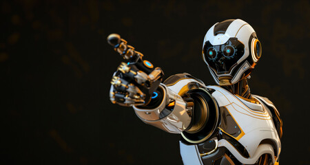 A humanoid robot points forward with glowing blue eyes, set against a dark background, highlighting dynamic design and futuristic technology, symbolizing direction and progress.