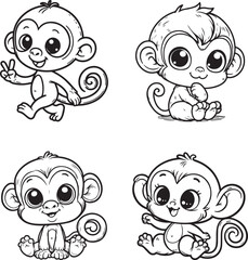 A monkey line art coloring book illustration set for kids