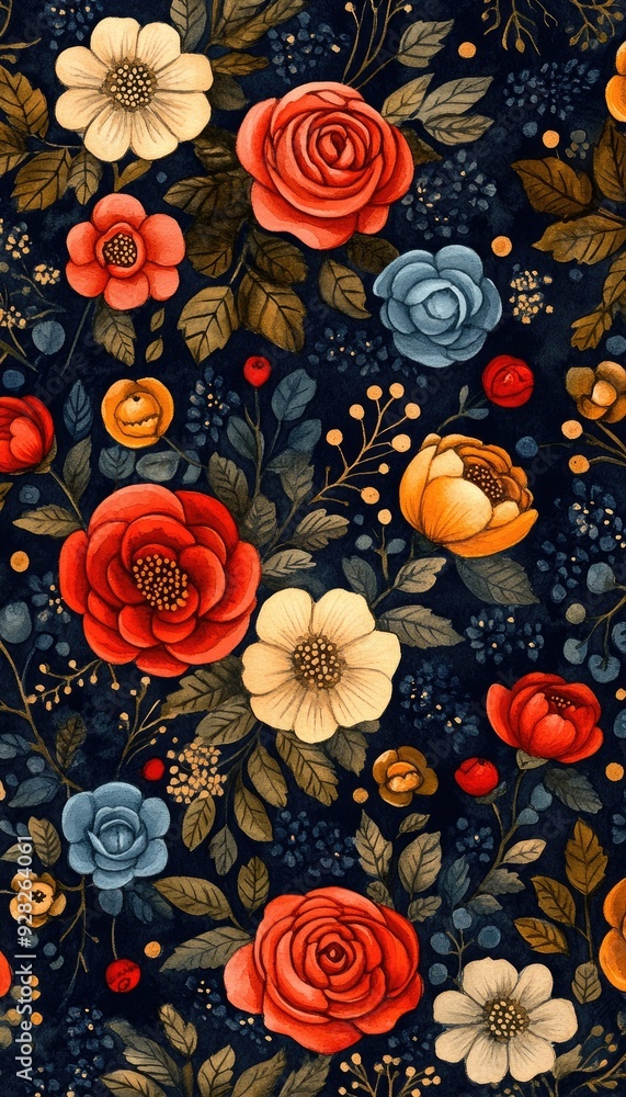Poster floral pattern with various flowers. this design features a colorful array of flowers on a dark blue