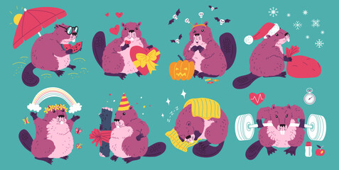 Set of cute colorful beavers in different situations and poses.