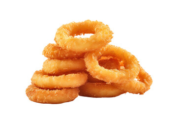A Tower of Golden Crispy Onion Rings on a White or Clear Surface PNG Transparent Background.