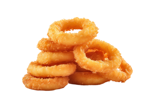 A Tower of Golden Crispy Onion Rings on a White or Clear Surface PNG Transparent Background.