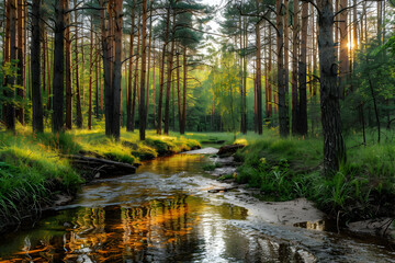 Sunlight Through Forest Trees Stream Nature Photo