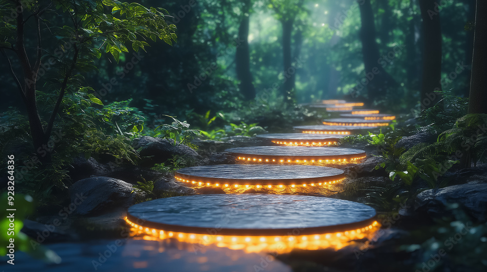 Poster a path through a forest with a series of illuminated circles. the circles are lit up in yellow and a