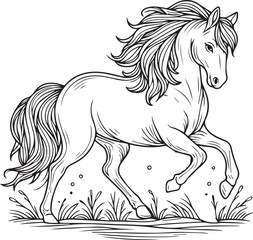 A horse line art coloring book illustration for kids