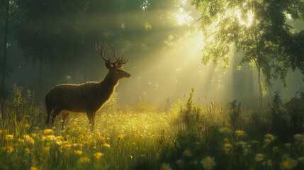 Fototapeta premium A deer is standing in a field of yellow flowers. The sun is shining brightly, casting a warm glow on the scene. Concept of peace and tranquility, as the deer enjoys the beauty of nature