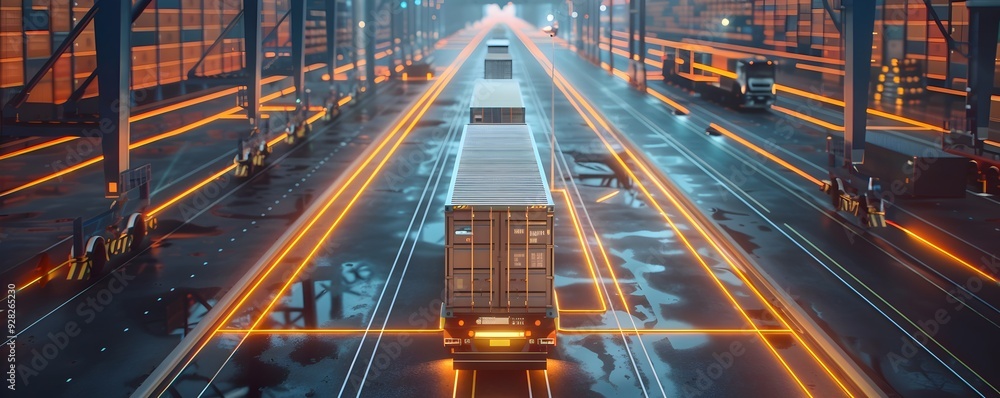 Aufkleber massive distribution hub with glowing network paths transporting cargo containers via trucks