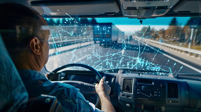 Truck Driver Navigating Holographic Highway Transportation Network on Windshield