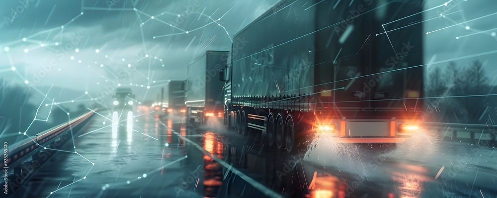 Aufkleber trucks navigating through stormy highway conditions with digital network guidance