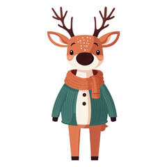 A cute cartoon deer wearing a cozy sweater and scarf, perfect for holiday and winter-themed designs.