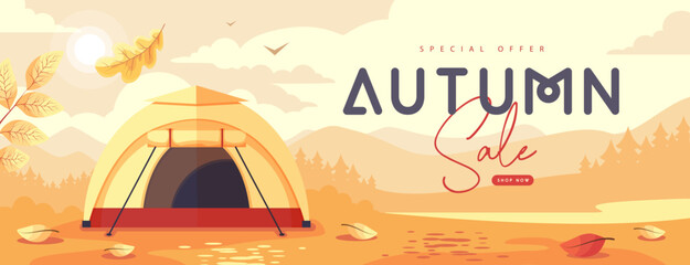 Seasonal retro flat autumn big sale banner with mountain landscape, forest, falling leaves and camping. Vector illustration
