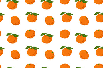 Seamless Tangerine pattern, hand drawn doodle. Seamless pattern with orange fruits and leaves. Modern art print. Flat vector Food template for wallpaper, wrapping paper, packing, textile