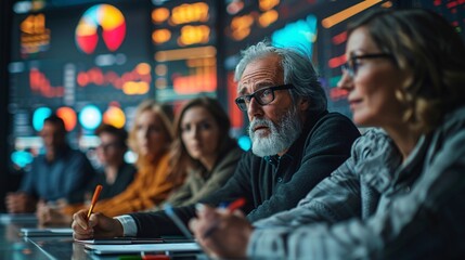 Obraz premium Focused Group of Professionals Analyzing Data in a High-Tech Environment