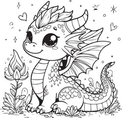 A dragon line art coloring book illustration for kids