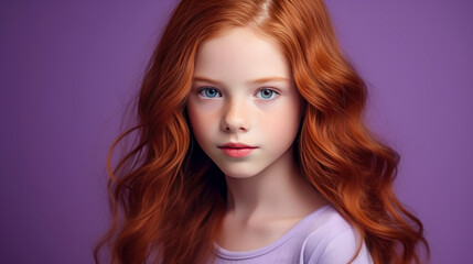 Naklejka premium Portrait of a gorgeous cute smiling beautiful baby girl with red hair and perfect skin, purple background, banner.
