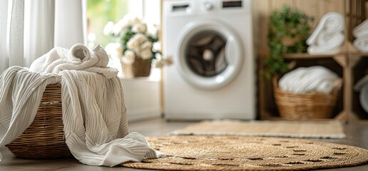 A white laundry basket overflowing with clean white towels, sitting on a beige rug in front of a modern washing machine. Laundry room interior.