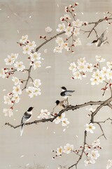 birds on a branch painting in chinoiseries style	