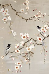 birds on a branch painting in chinoiseries style	
