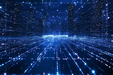 Futuristic city skyline with glowing lines, a visual representation of urban networking and digital connectivity.