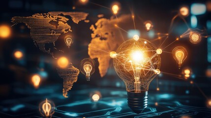 Global business idea concept with a glowing world map, light bulbs representing innovative thoughts and icons of different industries connected around the globe.