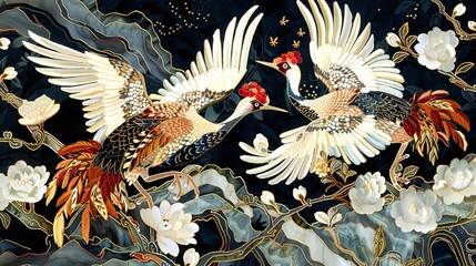 An elaborate embroidery of peacock and tree, white flowers, dark background, chinoiserie style